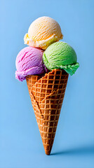A cone of ice cream with three different flavors