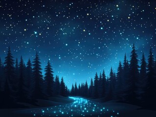 Fototapeta premium Starry night sky over a tranquil river surrounded by dark pine trees.