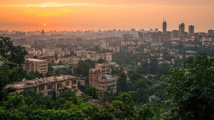 Obraz premium Sunrise cityscape panorama, hazy skyline, hilltop view, urban sprawl, travel