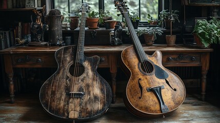 Naklejka premium Traditional acoustic bass guitar next to a modern electric bass highlighting the contrast in body shape materials and sound output
