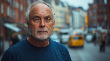 Fototapeta premium A confident middle-aged Portuguese man, sporting a salt-and-pepper beard, stands in an urban street, clad in a blue athletic shirt, with a softly blurred background