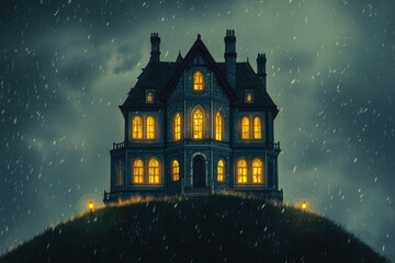 A striking gothic house, glowing warmly against the stormy backdrop of a rainy night, evokes feelings of comfort and solitude amid turbulent weather.