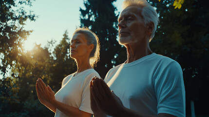Elderly couple practicing meditation or prayer outdoors in nature, embracing mindfulness, inner peace, and spiritual connection in a tranquil forest setting with golden sunlight