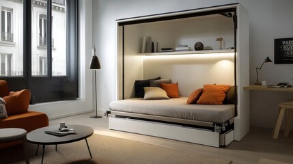 A stylish studio apartment with a foldable bed and multi-functional furniture