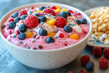 smoothie bowl topped with fruits next to a bowl of sugary cerea