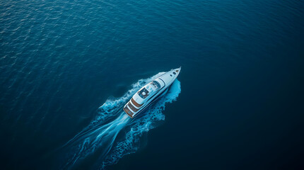 Aerial drone photo of luxury yacht cruise in mediterranean deep blue sea