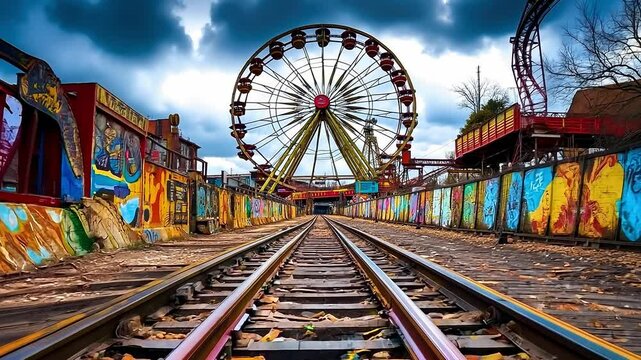 A ferris wheel sitting on top of a train track next to a fence