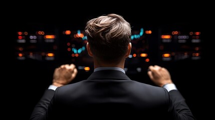 Businessman analyzing data on screens, dark background, financial decisions
