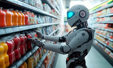 Humanoid robot selecting products from shelves in a supermarket, showcasing the future of automated shopping and ai in retail - Powered by Adobe