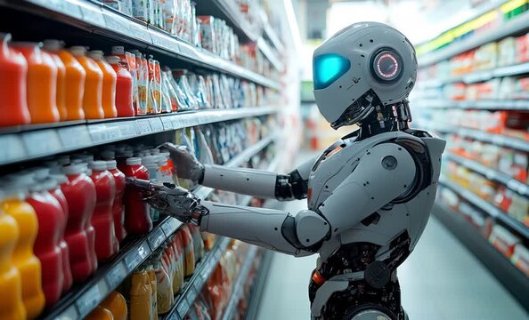 Humanoid robot selecting products from shelves in a supermarket, showcasing the future of automated shopping and ai in retail