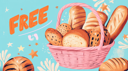Illustration of various breads in a pink basket.