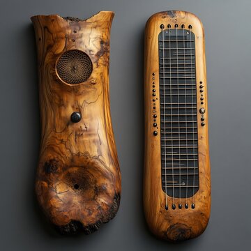Rustic wooden shawm beside a sleek modern electronic wind instrument contrasting ancient woodwind instruments with contemporary designs