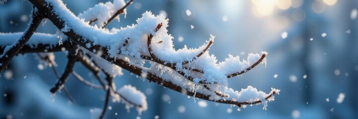 Frost-covered branches with snowflakes falling, snowy, winter, tree