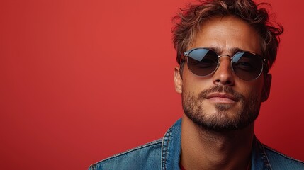 Obraz premium Trendy young man dressed in a blue denim jacket and wearing sunglasses stands against a vibrant pink backdrop