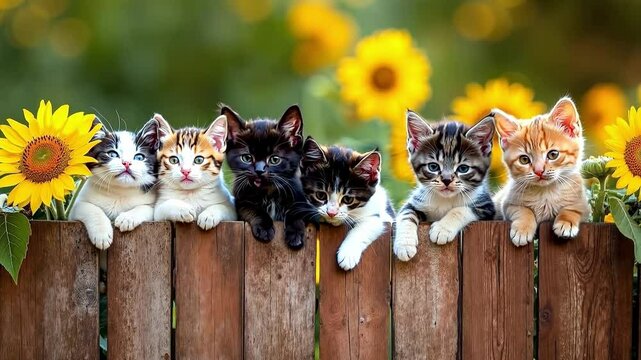 A group of kittens sitting on top of a wooden fence
