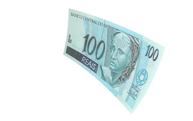 Brazilian 100 Reais Banknote Flying on Transparent Background