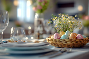 Elegant Easter Table Setting with Hand-Painted Pastel Eggs in a Wicker Plate, Surrounded by Festive Decor