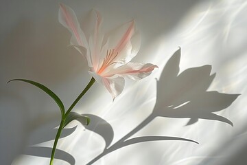 A lone flower creating a soft shadow against a white wall backdrop.