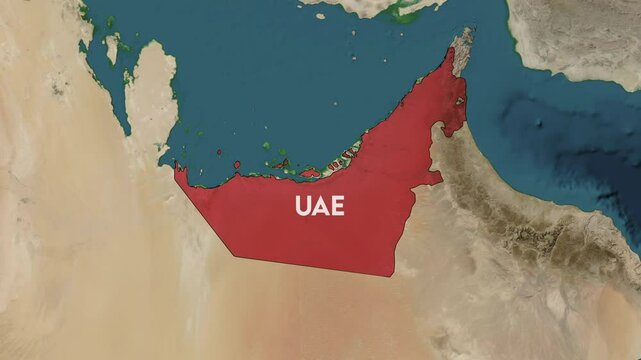 Zoom from Earth to United Arab Emirates, UAE. World map animation with country borders, Images from NASA
