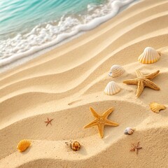 Light sand texture with seashells and starfish &ndash; perfect for beach resorts, travel agencies, or vacation ads.