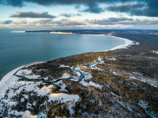 Aerial View of Sleeping Bear Dunes in the winter, Michigan