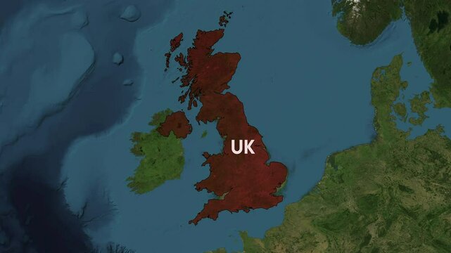 Zoom from Earth to United Kingdom, UK. World map animation with country borders, Images from NASA