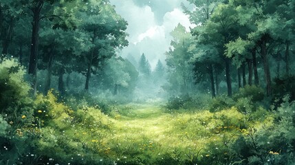 Obraz premium Misty forest path, wildflowers, mountains, game background