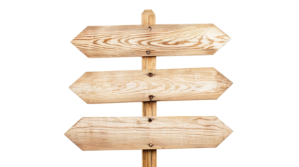 Wooden direction sign with two arrows in opposite directions on white background