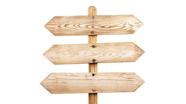 Wooden direction sign with two arrows in opposite directions on white background