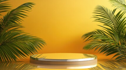 Fototapeta premium Brightly Lit Yellow Wall with Tropical Palm Fronds and Golden Oval