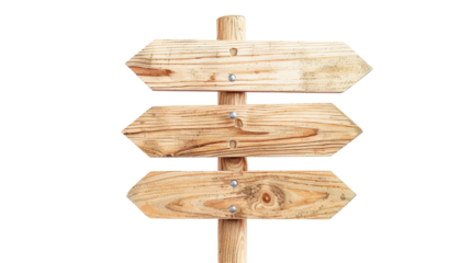 Wooden direction sign with two arrows in opposite directions on white background