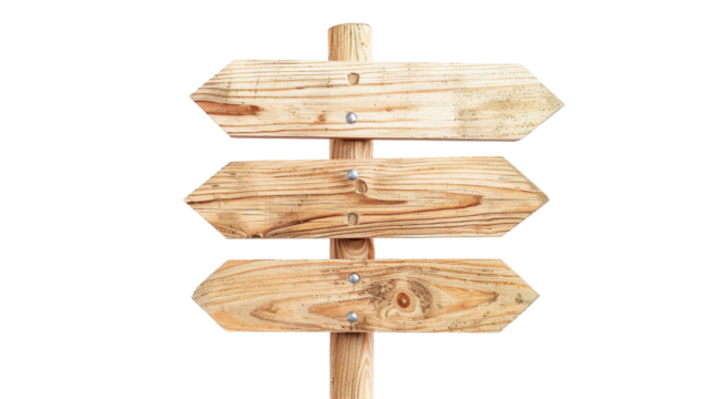 Wooden direction sign with two arrows in opposite directions on white background