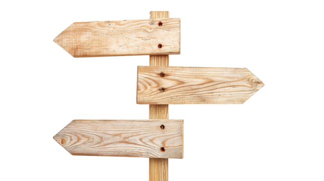 Wooden direction sign with two arrows in opposite directions on white background