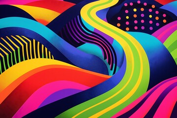 Obraz premium A vibrant abstract artwork featuring colorful, wavy lines and geometric patterns. Bold hues of red, yellow, green, blue, and purple dominate the dynamic composition.