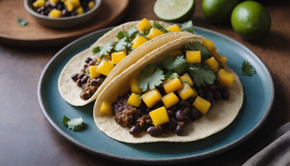 black bean tacos with mango salsa and cilantro