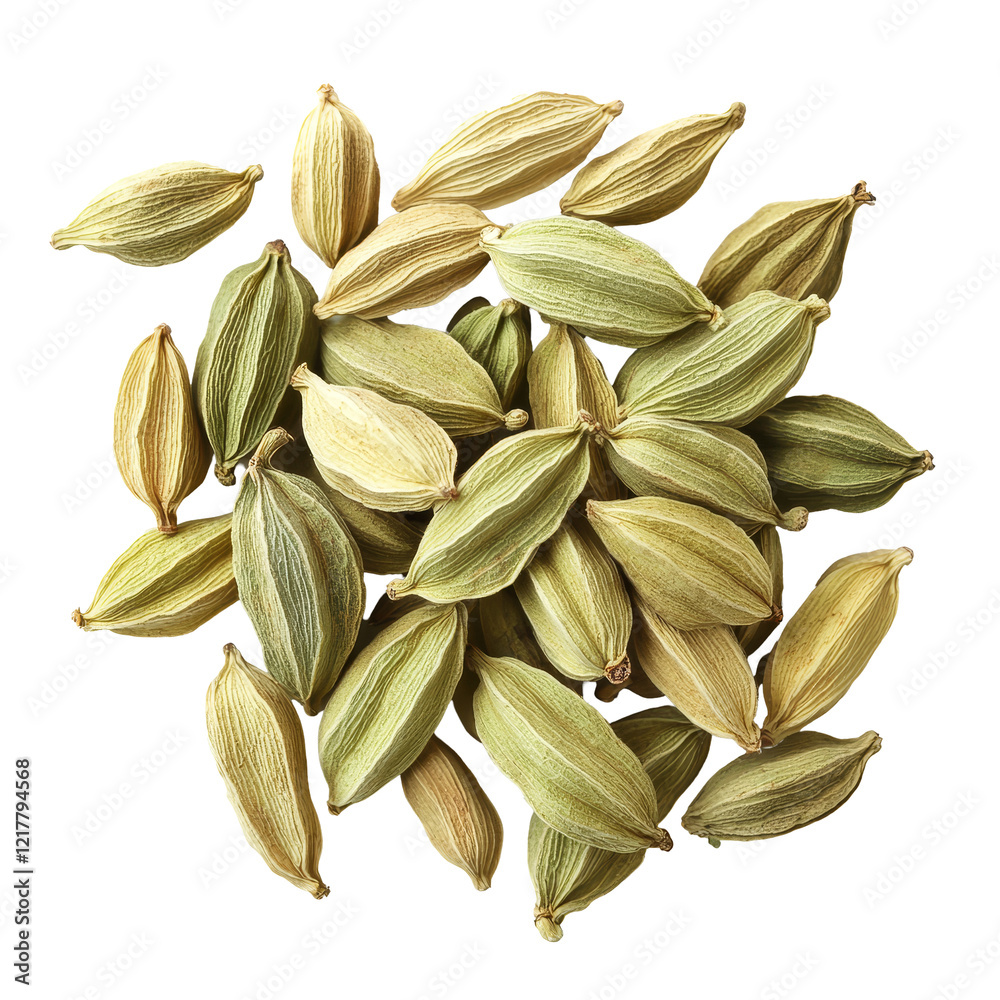 Wall mural Top view of a group of cardamom pods arranged on a transparent background, showcasing their unique shapes and colors, Top view of group of cardamom isolate on transparent background