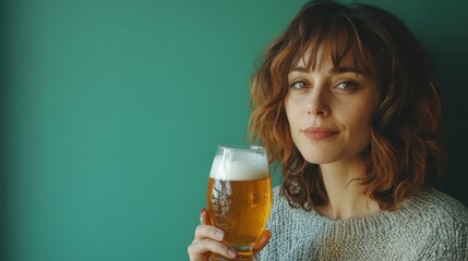 Young caucasian female enjoying a glass of beer against green background