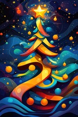 Fototapeta premium Colorful Abstract Christmas Tree with Star and Decorations in Night Sky