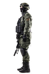 Side profile of a tactical soldier in full gear with equipment