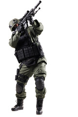Armed tactical officer dressed in green camouflage holding a rifle in a dynamic pose on a white background
