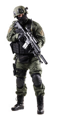 Armed tactical officer in protective gear holding firearm during operation