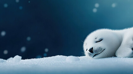 Fototapeta premium Baby seal resting on snow pile with snowflakes covering its eyes