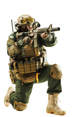 Military Personnel in Tactical Gear Aiming Rifle While Kneeling