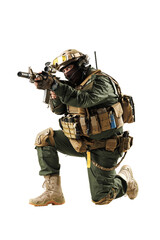 Tactical Soldier Kneeling Aiming Firearm in Combat Gear with Isolated White Background