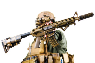 Tactical Outfit Holding an Assault Rifle Over a White Background