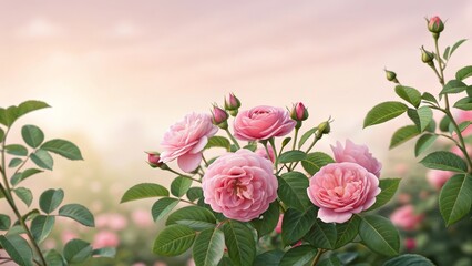 Obraz premium A beautiful scene featuring large pink roses in full bloom, surrounded by lush green leaves, set against a soft pastel backdrop, allowing the vibrant flowers to shine with elegance.