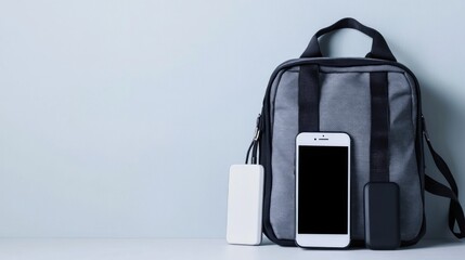 A gray bag with a smartphone and two power banks on a light background.