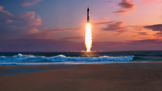 Rocket launch at sunset over the ocean with waves crashing on the shore