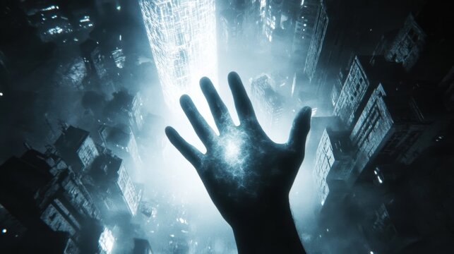 A ghostly hand reaching toward a glowing highrise fingers stretching out in desperation representing the unattainable dreams of those in poverty.