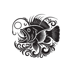 Black Color Anglerfish silhouette design Vector Illustration, Solid White Background (7).eps